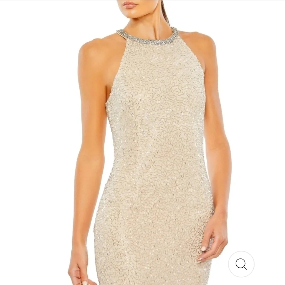 Mac Duggal BEADED SLEEVELESS HIGH NECK COLUMN GOWN size 10  Nude Silver - Picture 2 of 15